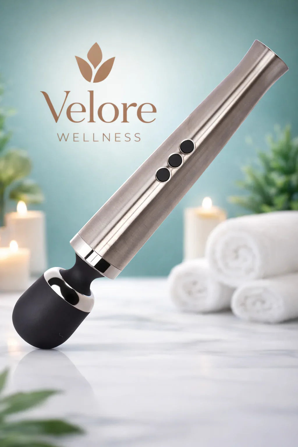 Velore Wellness massager on spa marble with rolled towels, candles, and greenery, relaxation vibe