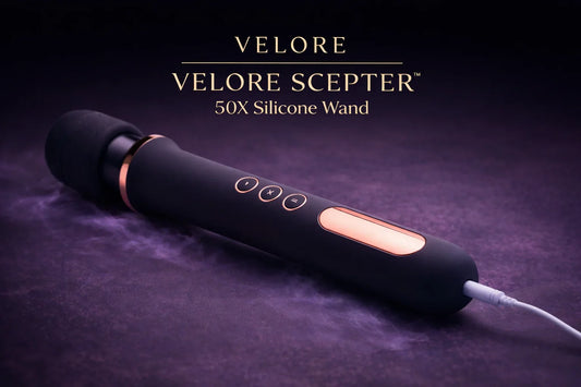 Velore Scepter 50X Silicone Wand for self-care, modern black and gold massage device with controls